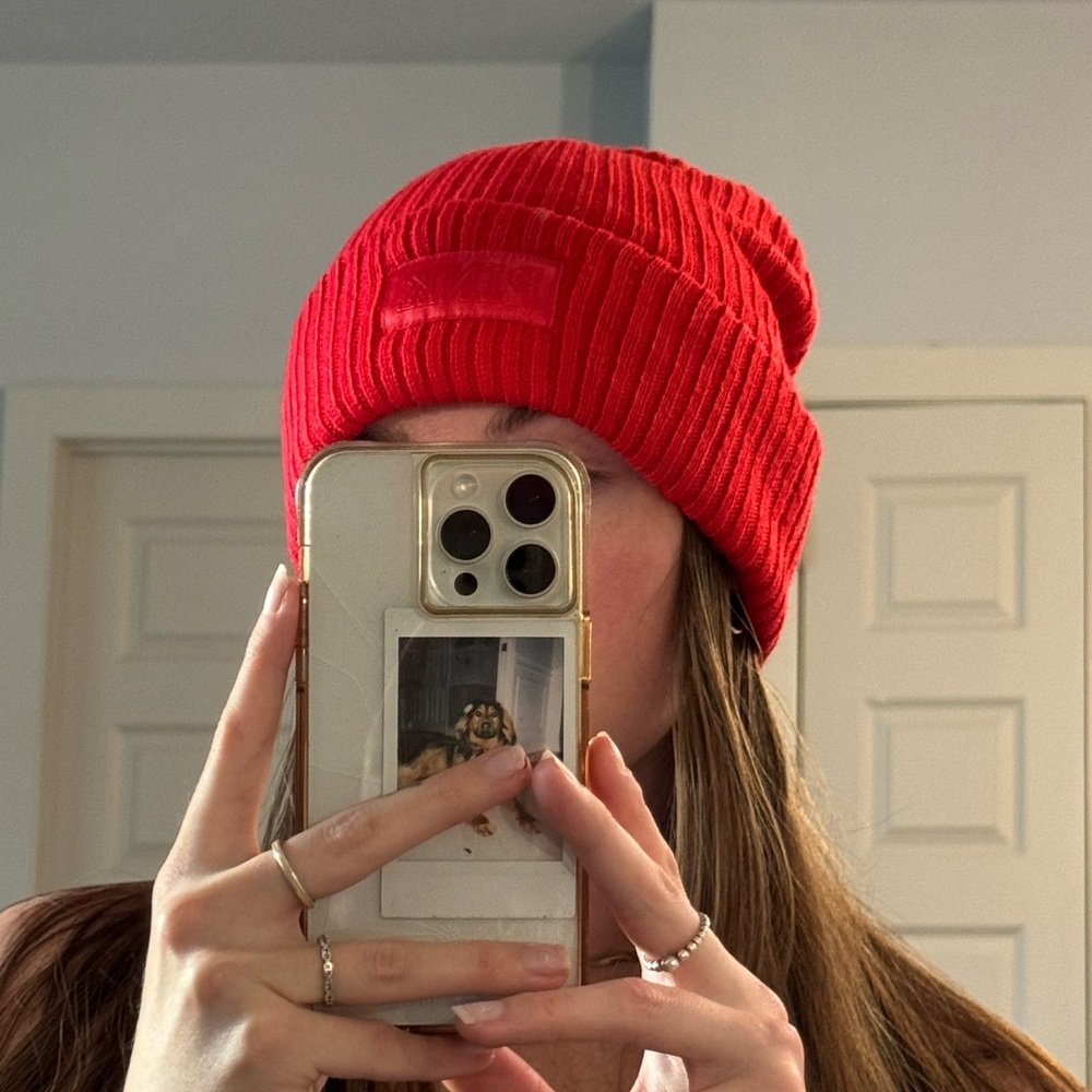 VS PINK Red Ribbed Beanie